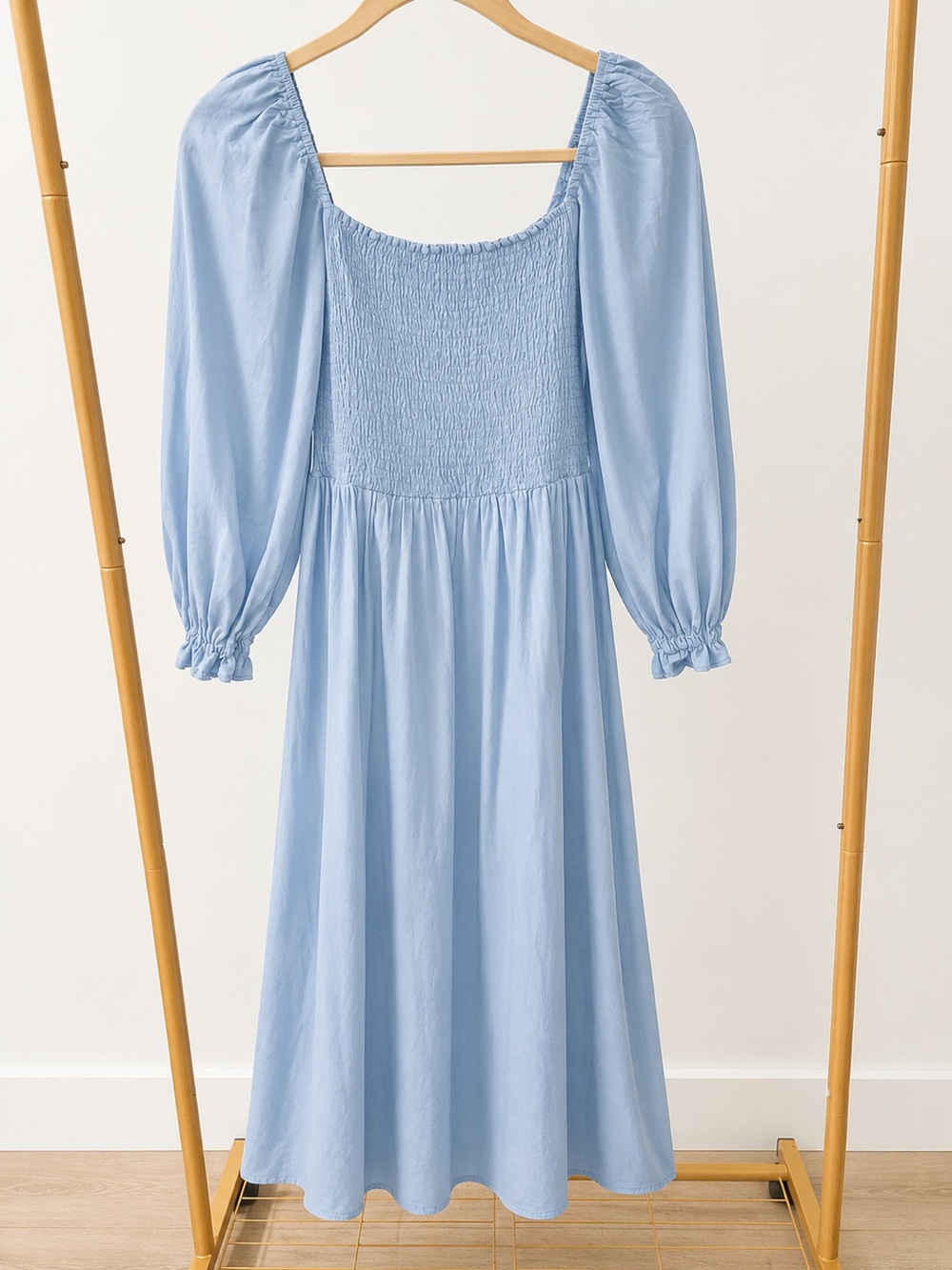 New Look Light Blue Smocked Bodice Maxi Dress with Puff Sleeves